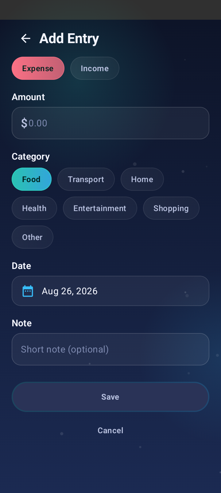 Finance Journal history screen